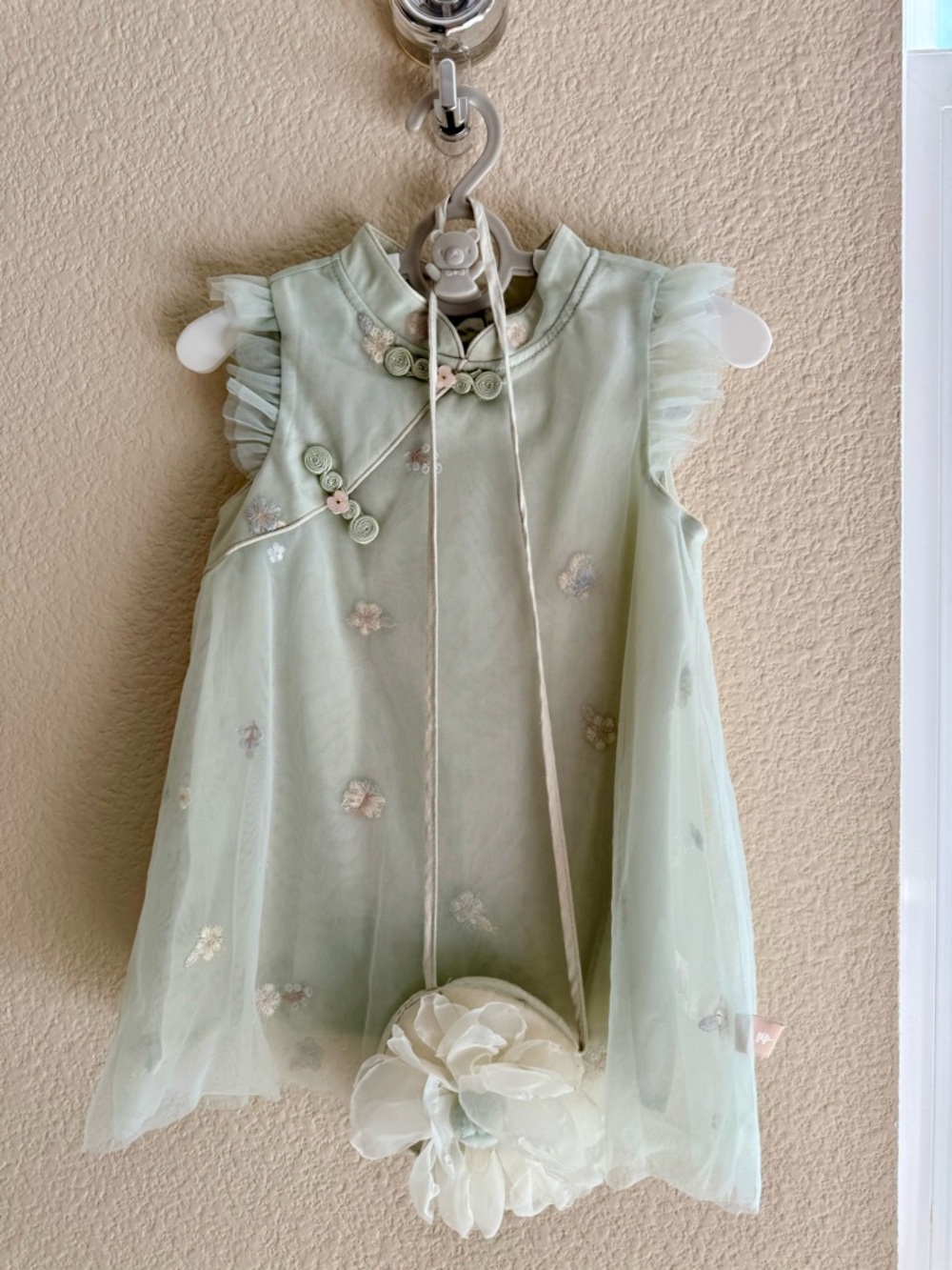 Pastel Green Floral Embroidered Tulle Dress for Girls